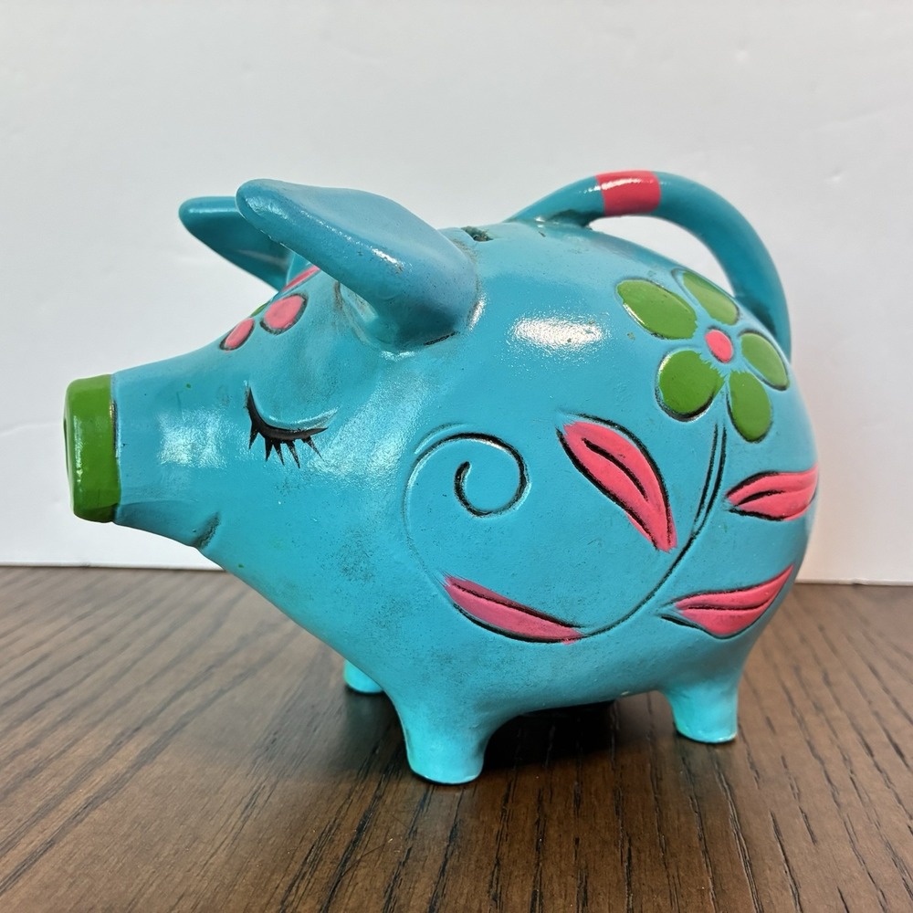 Vintage Chalkware Blue Pink Green Piggy Bank Content Pig Flowers Psychedelic
